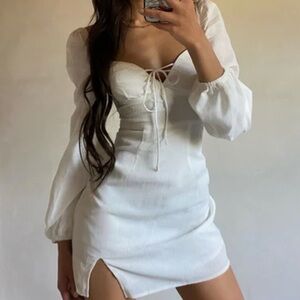 White linen long sleeve mini dress